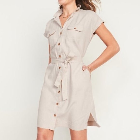 old navy linen button down dress Linen-Blend Mini Shirt Dress